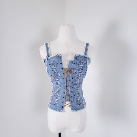 Vintage denim lace-up cropped camisole tank top denim embroidered embroidery - Picture 12 of 13